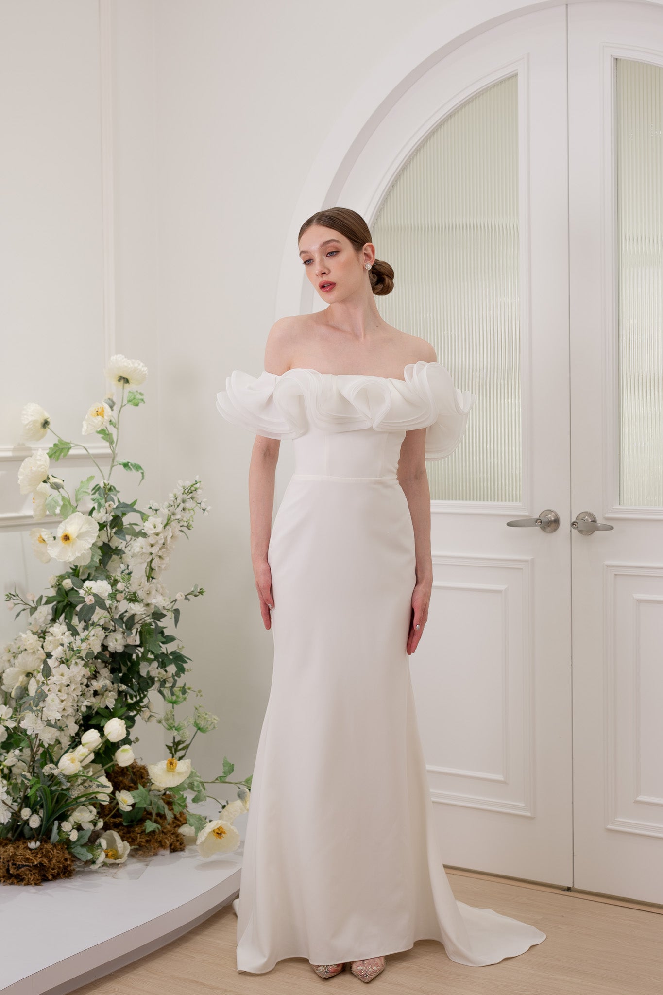 Off The Shoulder White Satin Long Evening Dress,White Evening Gown main image 1
