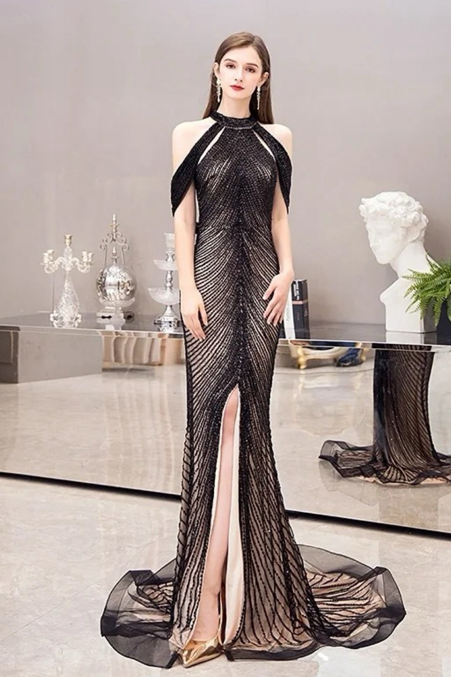 Cache Black & Silver Sparkly Stripe Detail Halter-Neck Fitted Gown