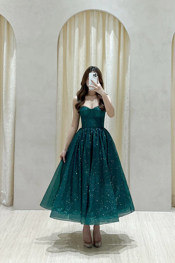 Posh Glitter Corset Emerald Midi Gown