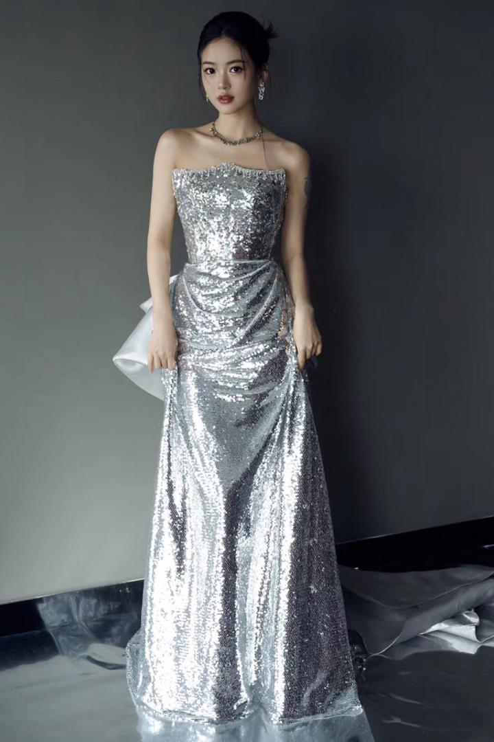 S Vivien Silver Mermaid With Bow Gown – GlamEdge Dress & Gown