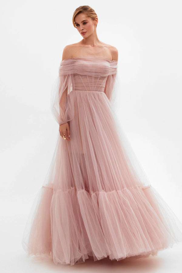 Milla Maeve Misty Rose Tulle Gown with Detachable Sleeve