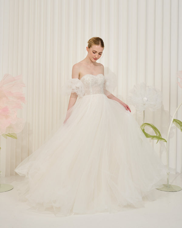 Odette Crystal Puffy Sleeve White Gown