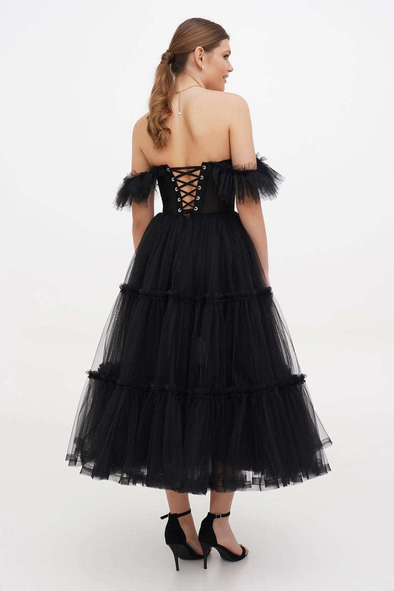 Milla Dione Black Tulle Off Shoulder Midi Gown