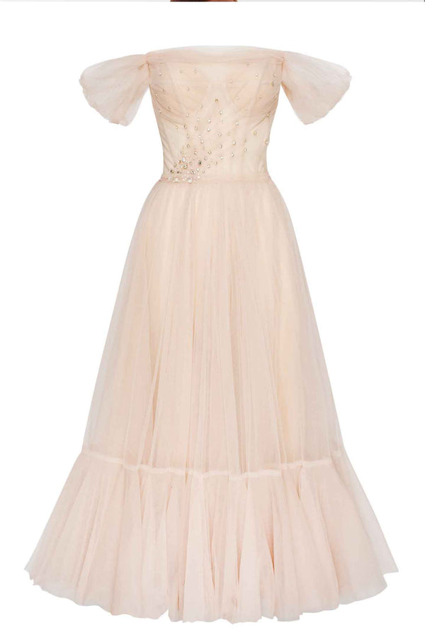 Milla Ivory White Tulle Off Shoulder Midi Gown