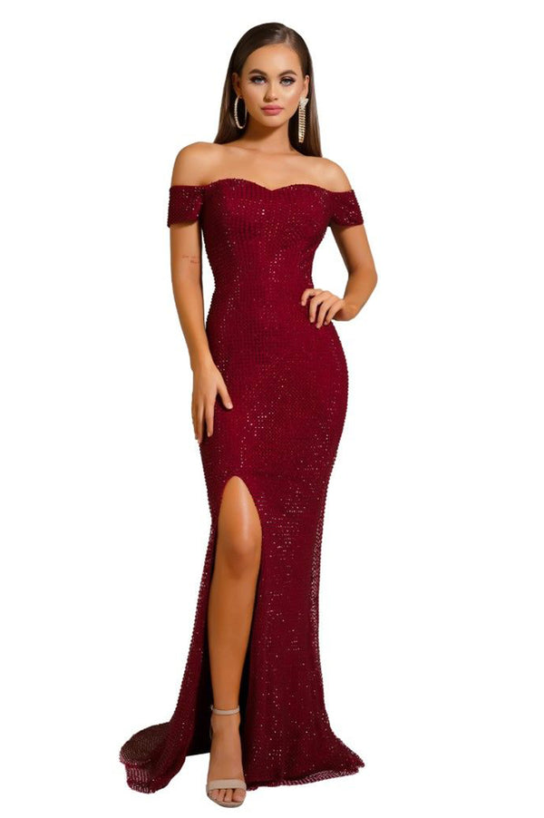 PS Crystal Stone Red Off Shoulder Gown