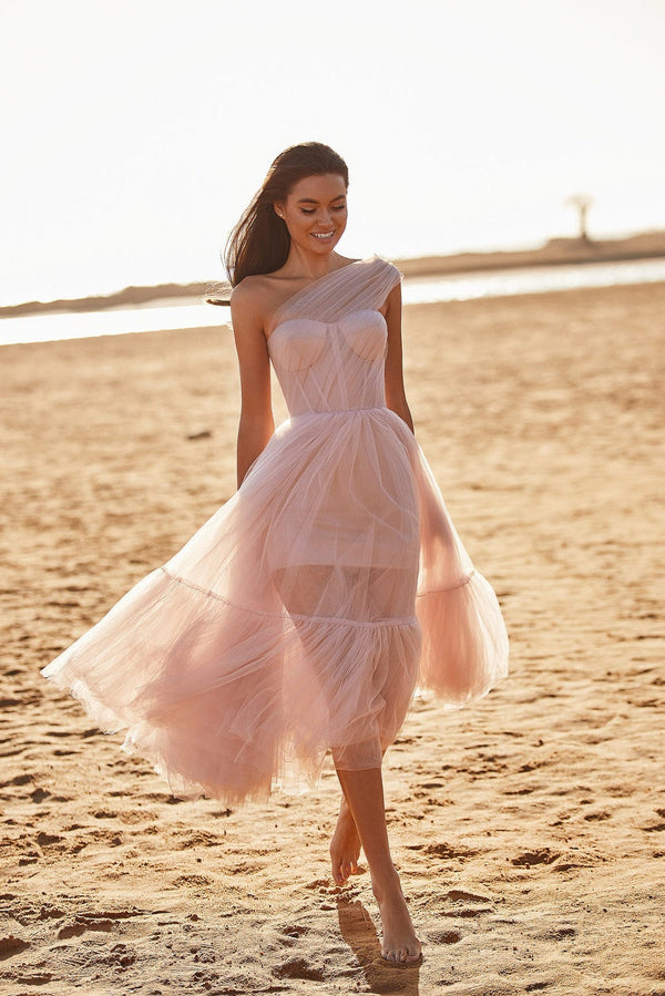 Milla Leila Misty Pink One Shoulder Midi Gown