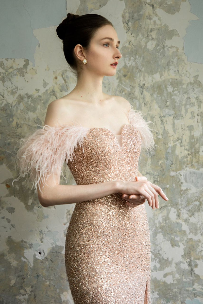 LP Oscar Rose Gold with Feather Sleeves Gown LP Oscar Rose Gold with Feather Sleeves Gown