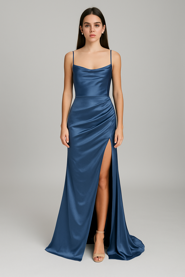 Dana Back Tie French Navy Satin Gown