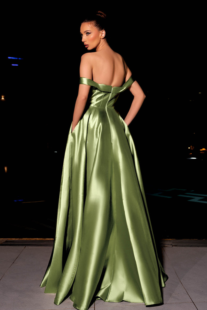 JA Raina Sage Satin Flare Gown