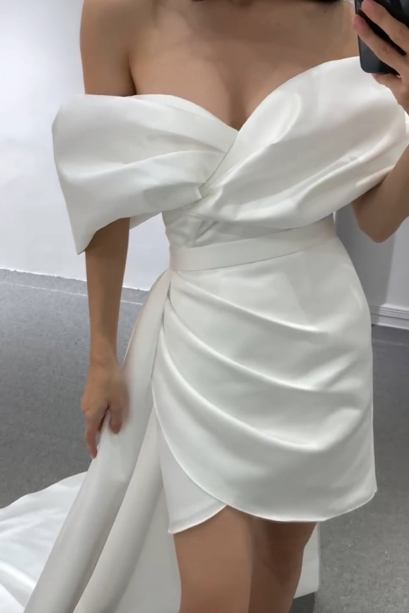 Nikita White Satin with Overskirt Mini Gown