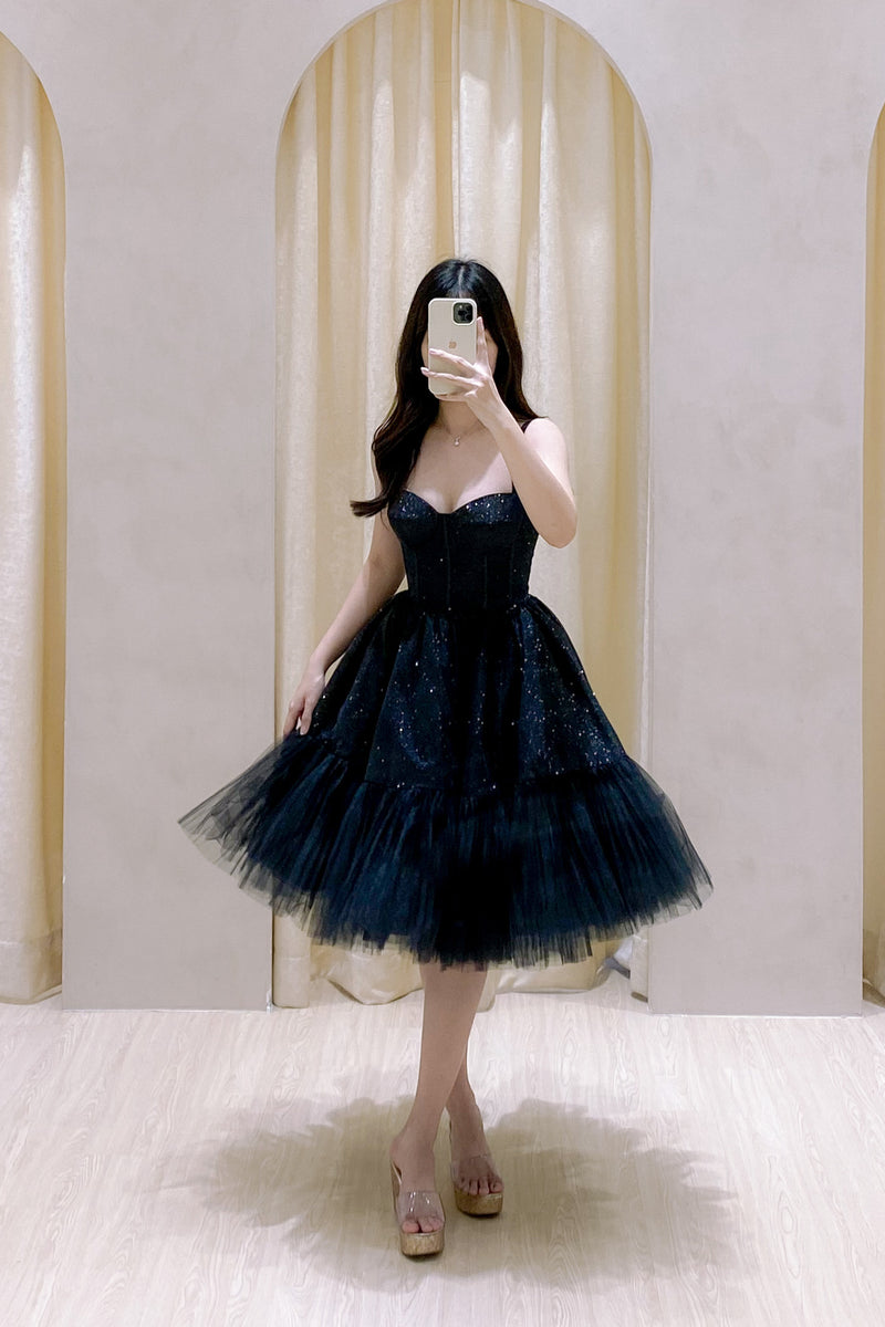 Swan Glitter Corset Black Midi Gown GlamEdge Dress & Gown Swan Glitter Corset Black Midi Gown GlamEdge Dress & Gown