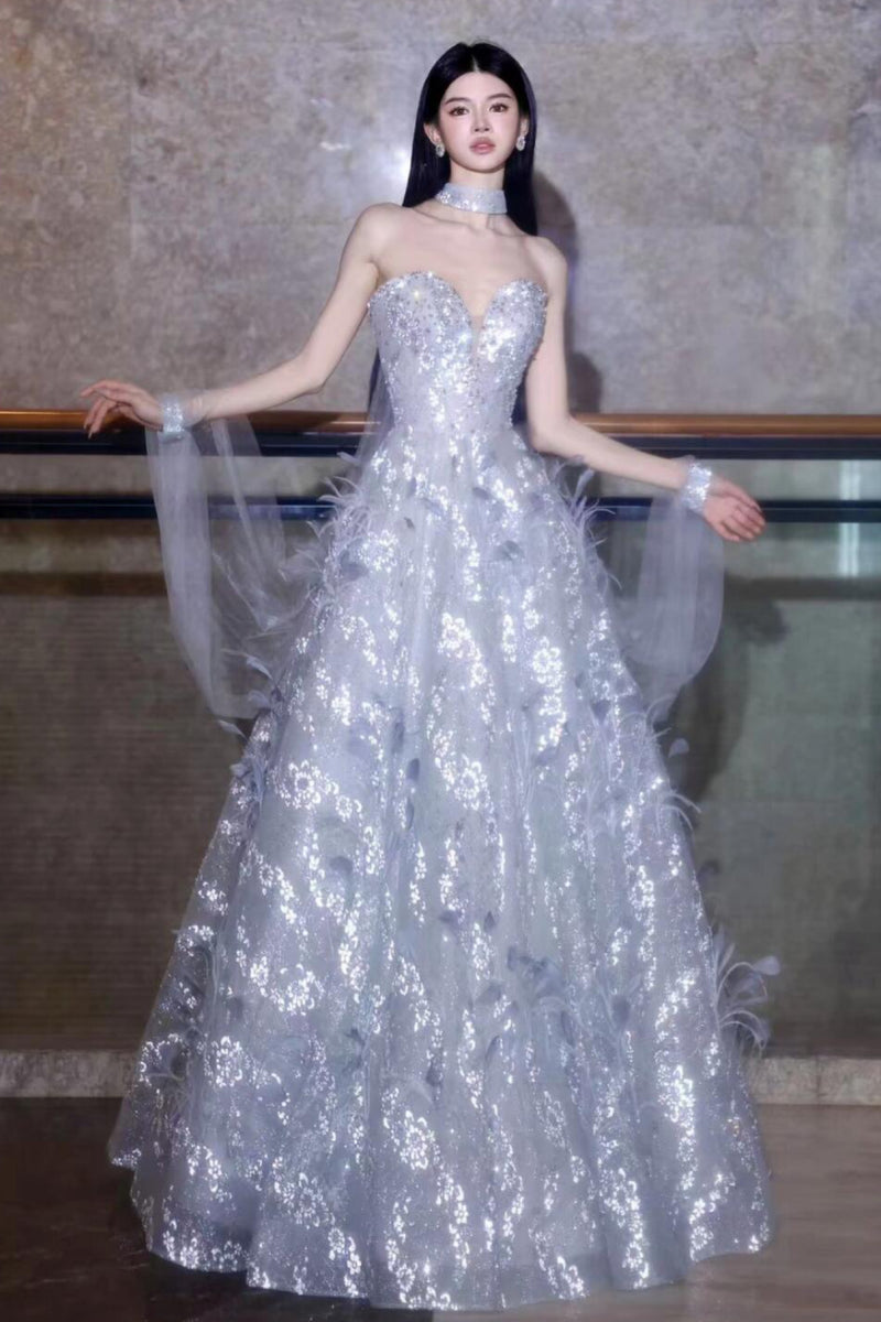 XJ Galen Feather Silver Flare Gown XJ Galen Feather Silver Flare Gown