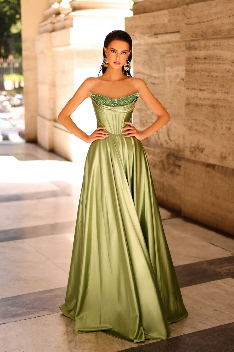 JA Emerson Sage Satin Flare Gown