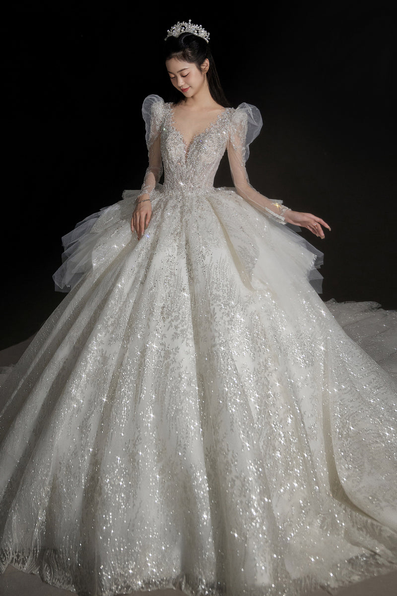 KC Amore Puffy Sleeve Glitter Bridal Ballgown GlamEdge Dress & Gown KC Amore Puffy Sleeve Glitter Bridal Ballgown GlamEdge Dress & Gown