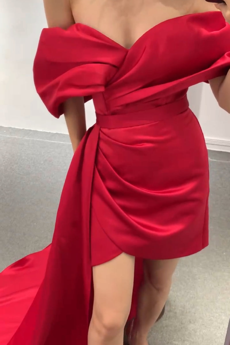 Nikita Red Satin with Overskirt Mini Gown