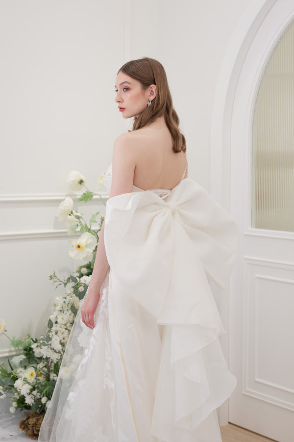 X Inara Floral Silky White Bow Overskirt Gown