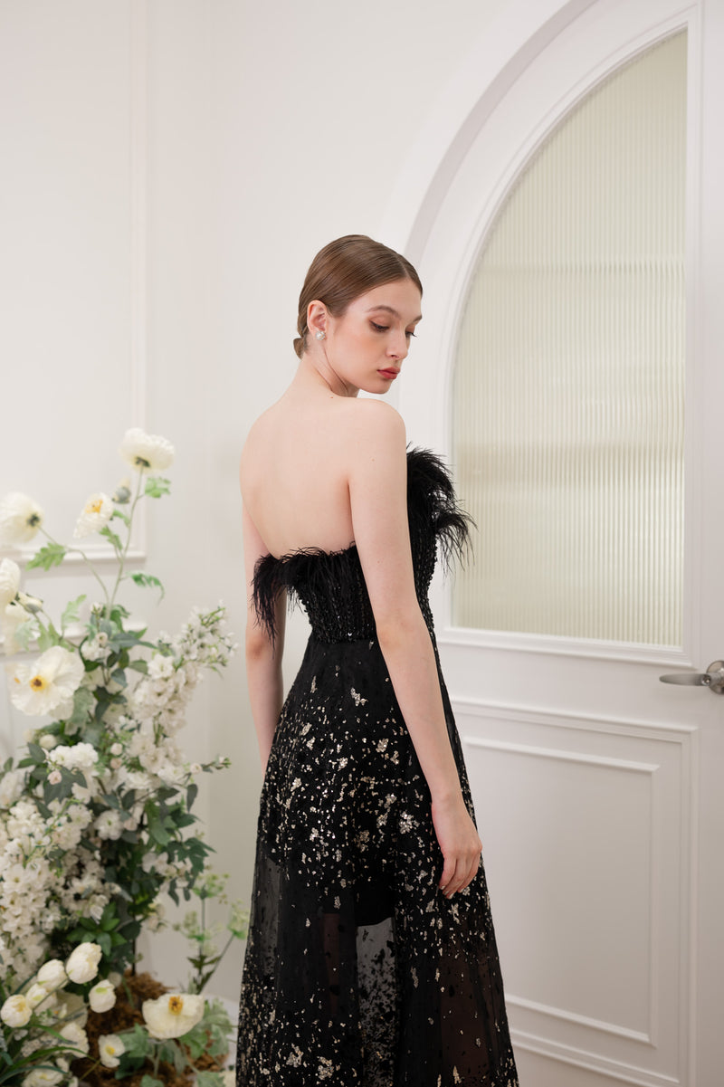 Furry Feather Black Golden Gown