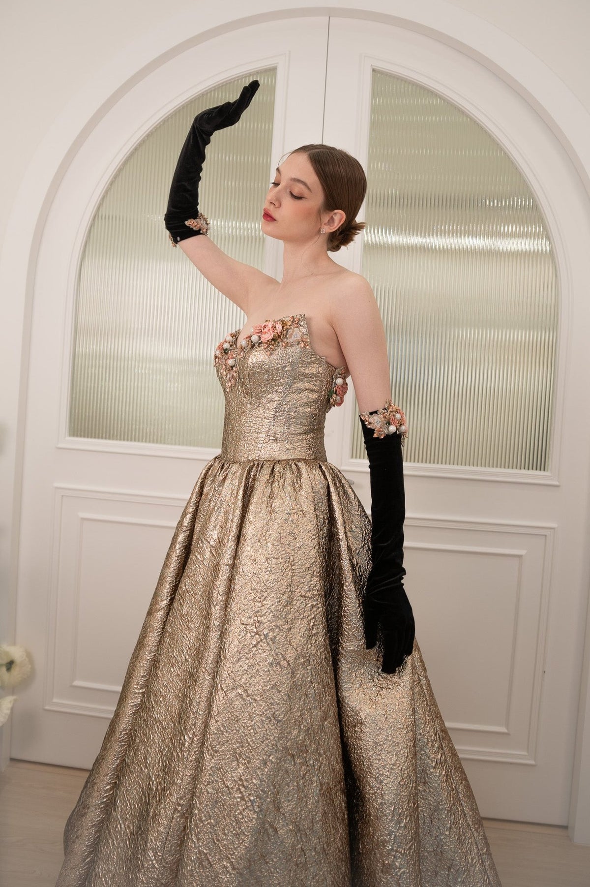 S Juliana Golden Ballgown with Gloves – GlamEdge Dress & Gown