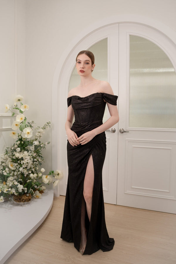 Thalia Off Shoulder Stardust Black Gown