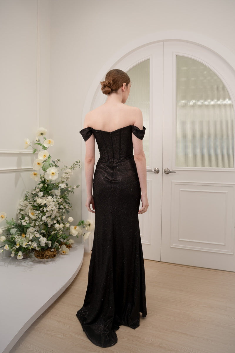 Thalia Off Shoulder Stardust Black Gown