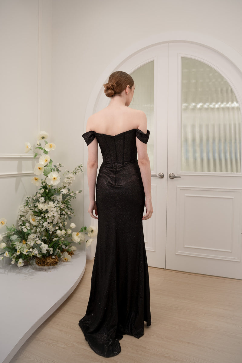 Thalia Off Shoulder Stardust Black Gown – GlamEdge Dress & Gown