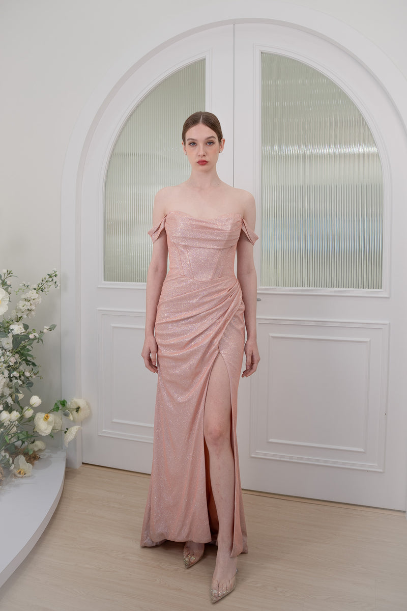 Thalia Off Shoulder Stardust Peach Pink Gown