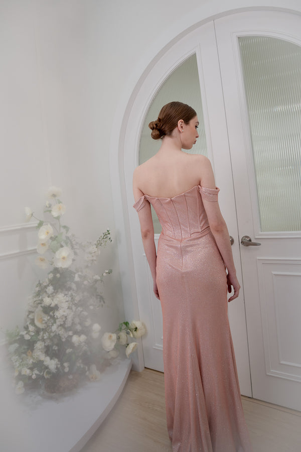 Thalia Off Shoulder Stardust Peach Pink Gown