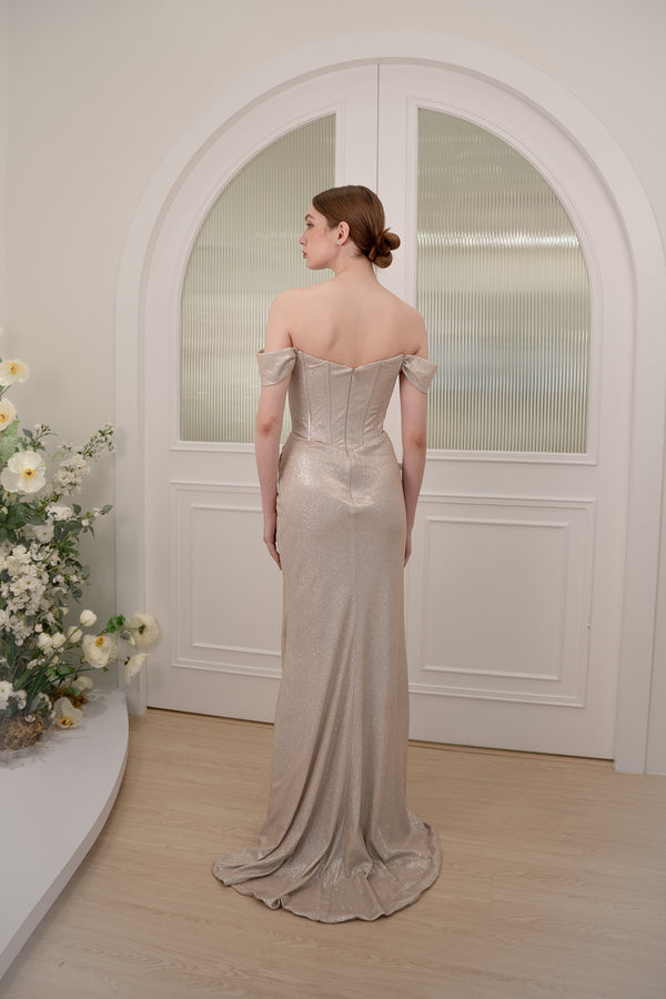 Thalia Off Shoulder Stardust Champagne Gown