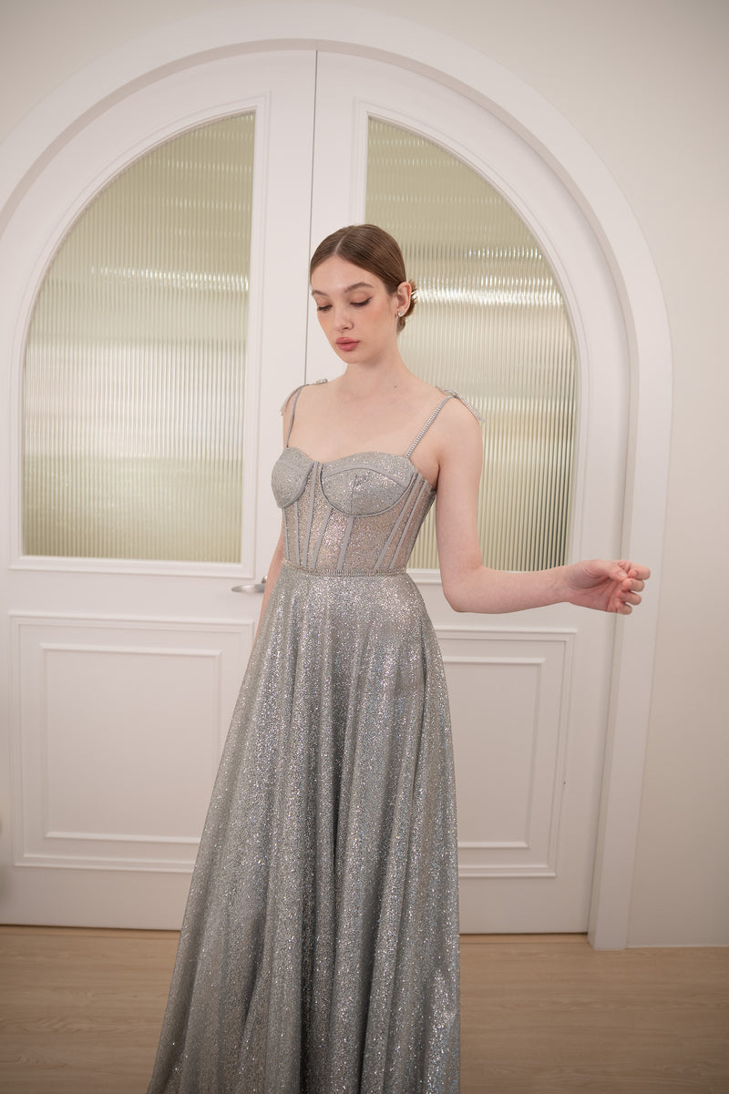 Natalie Sweetheart Glitters Silver Gown