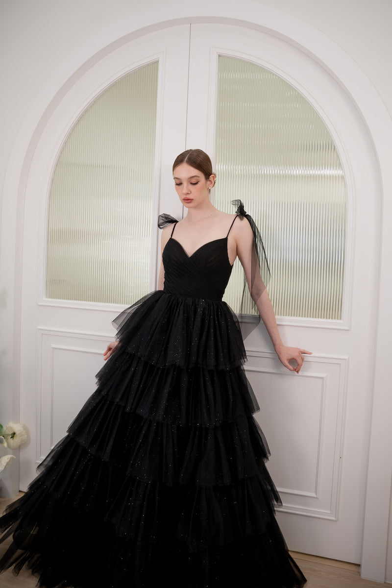 Elfin Tulle Ruffle Black Ballgown