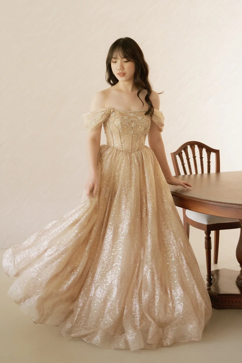 Katie Off Shoulder Glittery Gold Gown