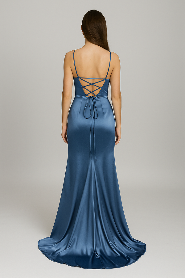 Dana Back Tie French Navy Satin Gown