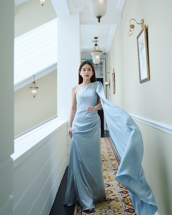 VD Sarita One Shoulder Smoky Blue Satin Gown