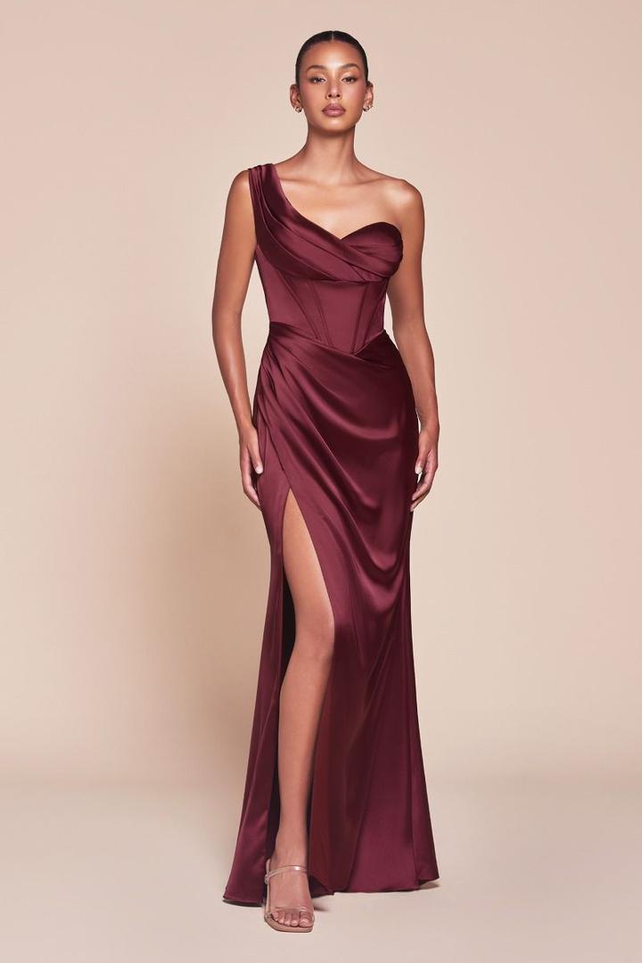 CD Solene One Shoulder Burgundy Satin Gown