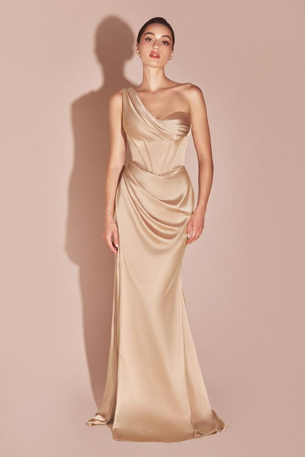 CD Solene One Shoulder Champagne Satin Gown