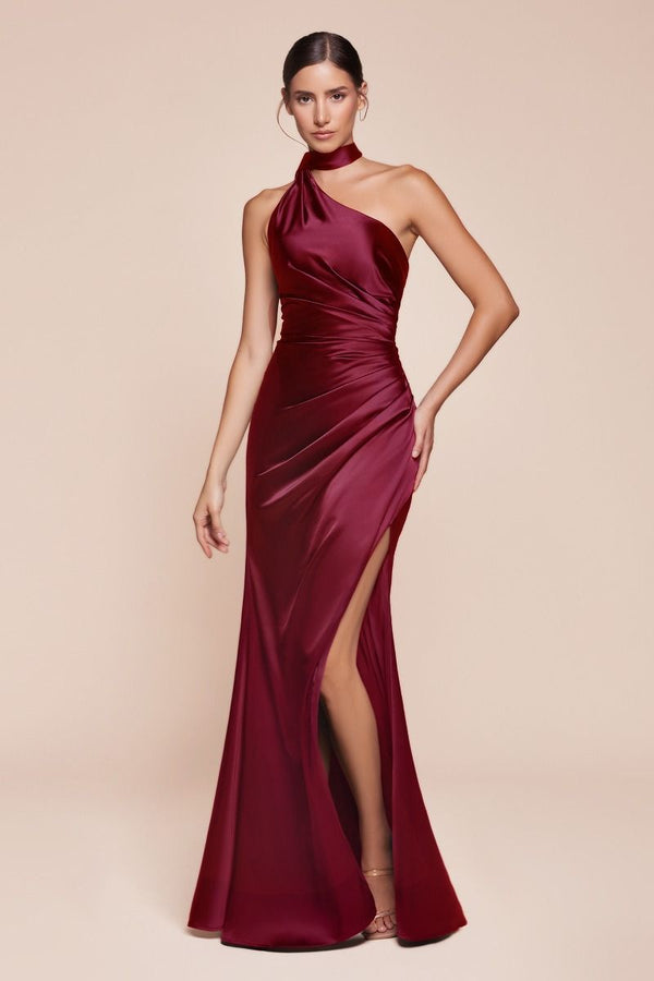 CD Safiya One Shoulder Burgundy Satin Gown