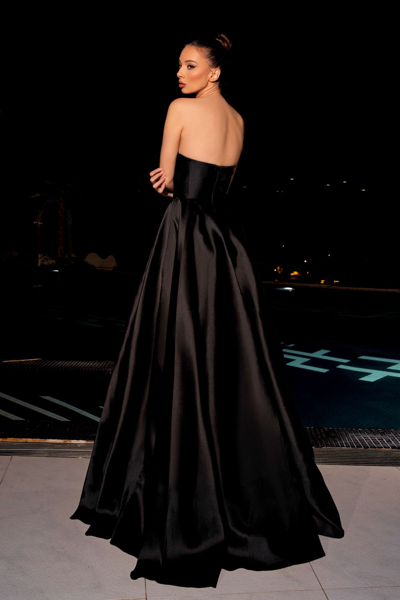 JA Astrid Black Satin Flare Gown