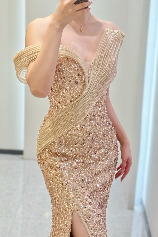 Lior Ribbon Rose Gold Shimmering Gown