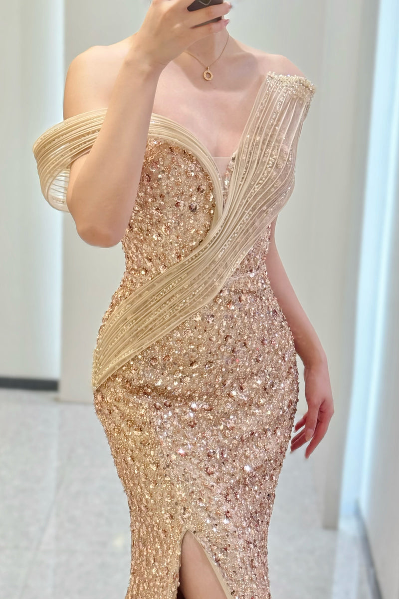 Lior Ribbon Rose Gold Shimmering Gown