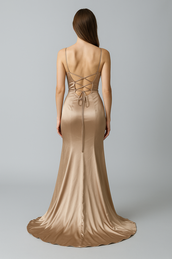 Dana Back Tie Champagne Satin Gown