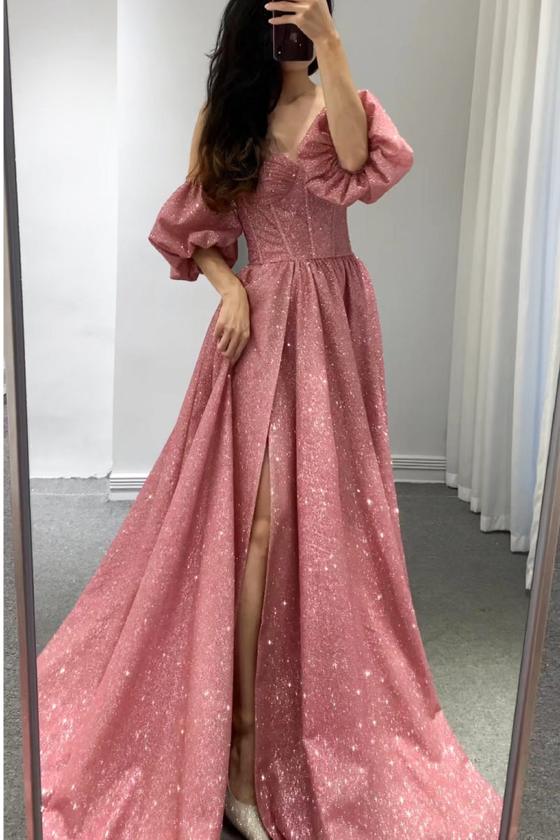 Dahlia Glitters Pink Puffy Sleeve Gown