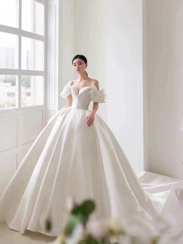 Pearl Silk Satin Off Shoulder Ballgown