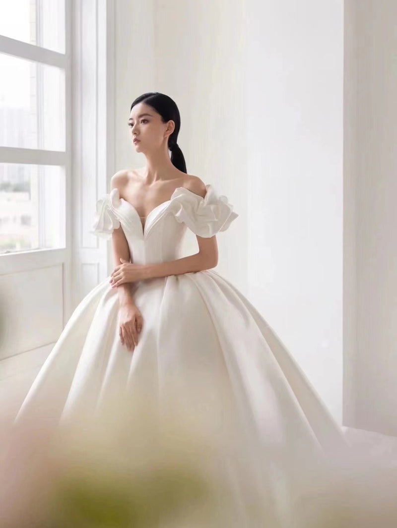 Pearl Silk Satin Off Shoulder Ballgown