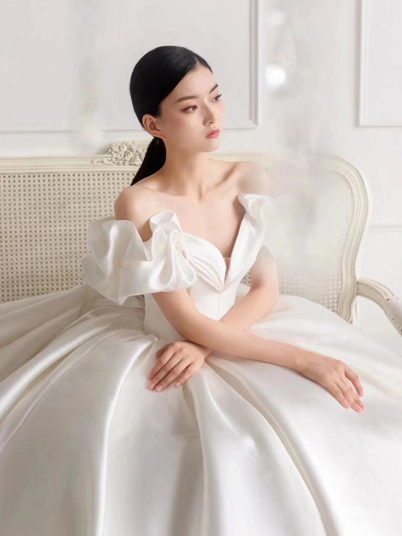 Pearl Silk Satin Off Shoulder Ballgown
