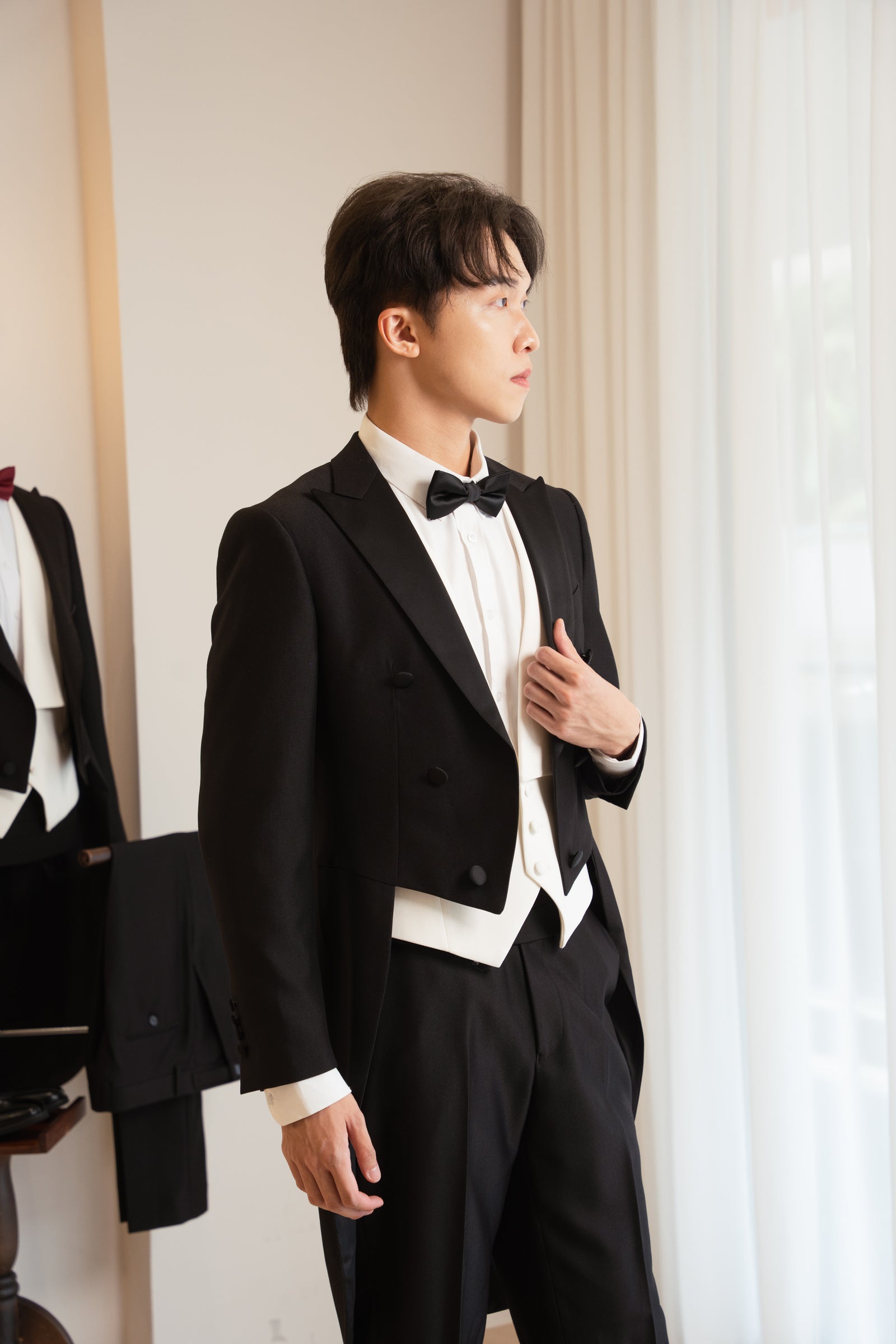 black white tuxedo dress Strapless Mini buttoned cuffs Men's Black Velvet Peak Lapel