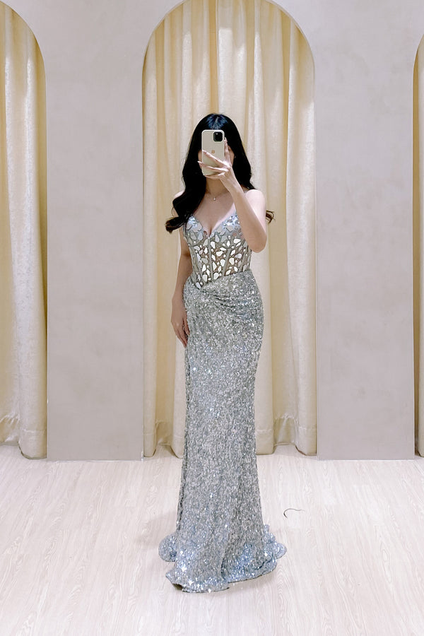 Dreamworld New Silver Glitter V Neck Long Dress Party Dress India | Ubuy