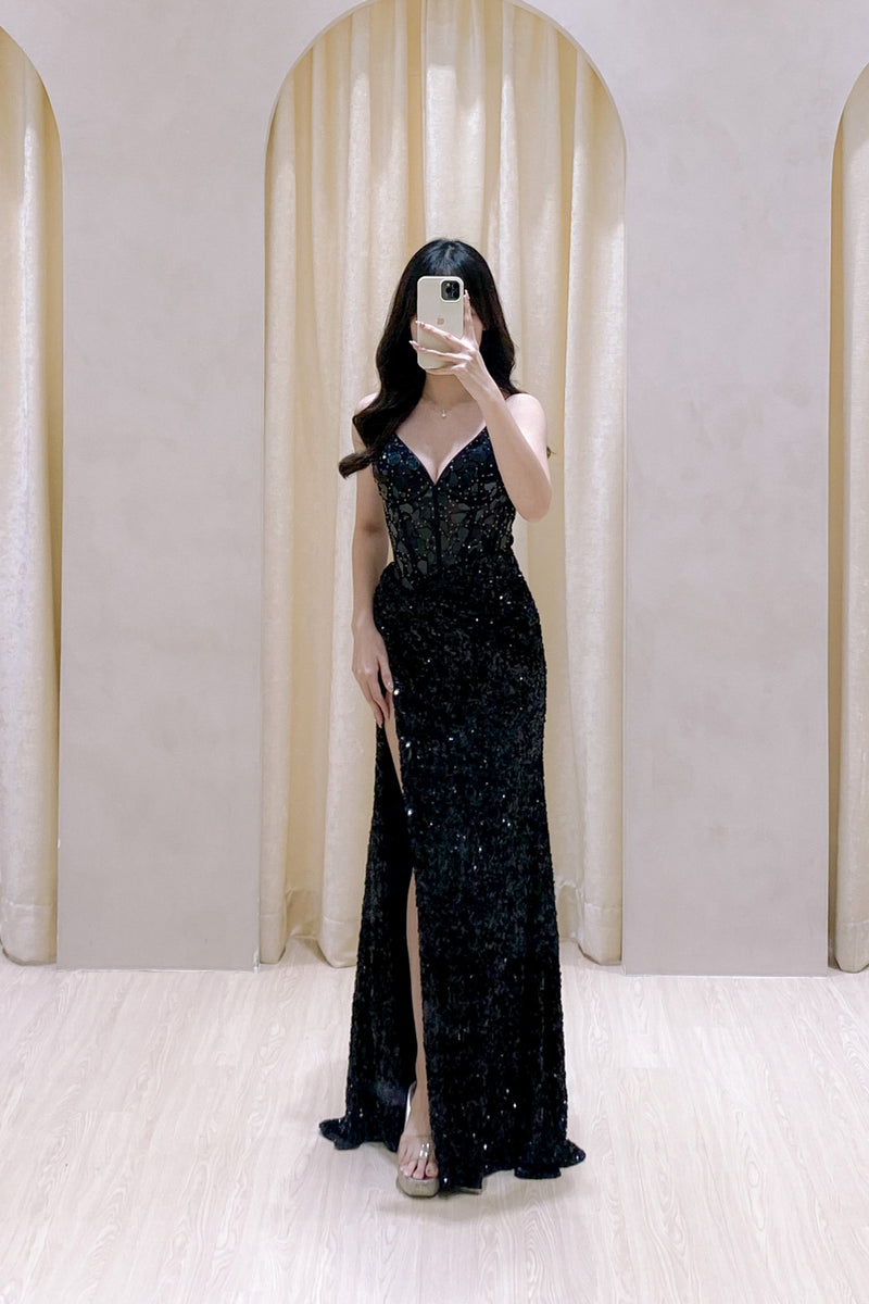 Gabby Mirror Black Sequin Gown