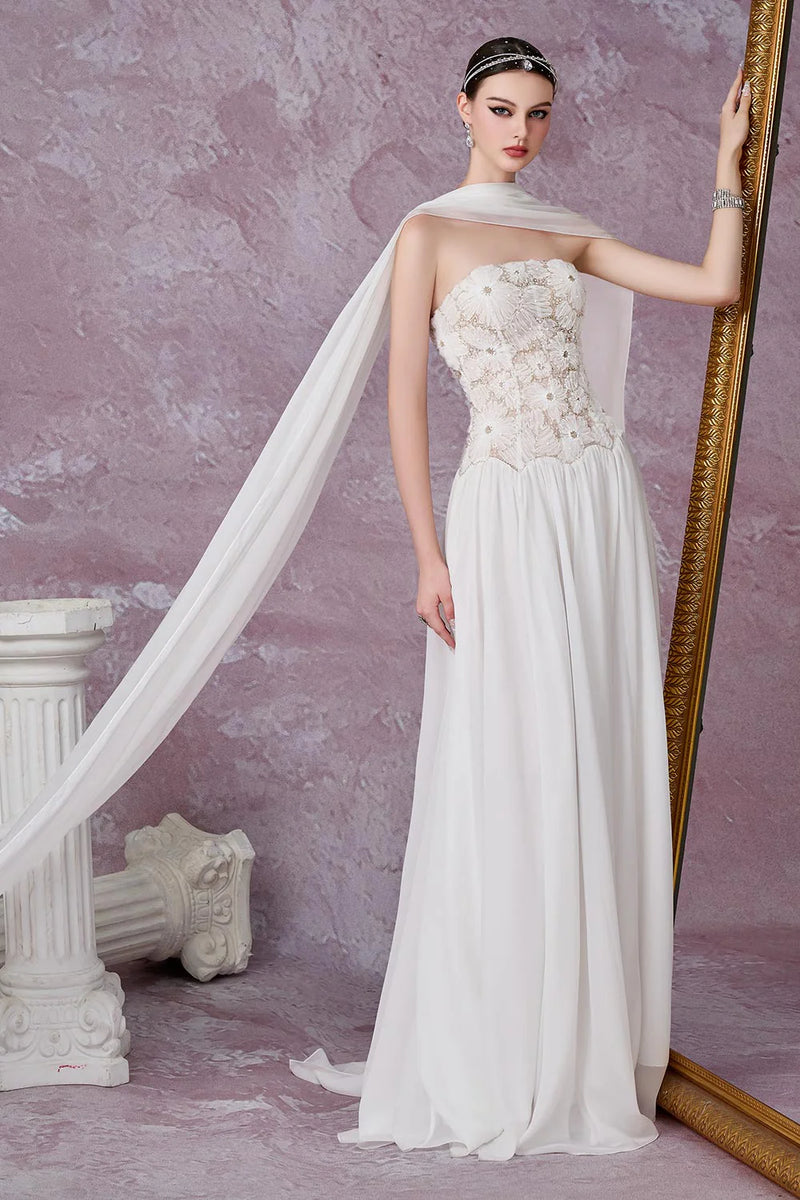 VD Seamus Daisy White Chiffon Gown with Scarf