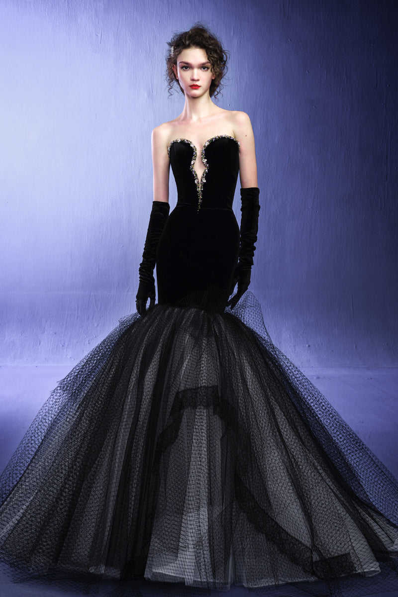 LP Zelicia Black Velvet Mermaid Gown with Gloves – GlamEdge Dress & Gown