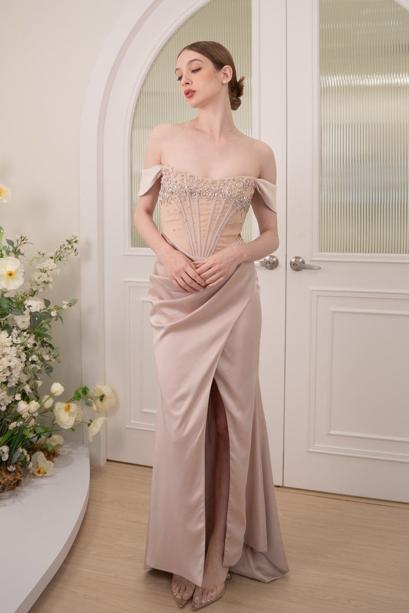 VD Corrine Champagne Dusty Pink Gown  GlamEdge Dress & Gown